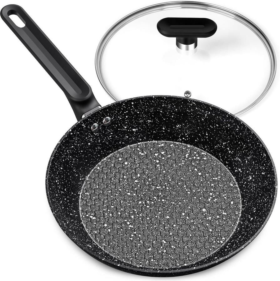 Koekenpan met deksel Gezond Koken Granieten Antiaanbaklaag 30cm Zwart