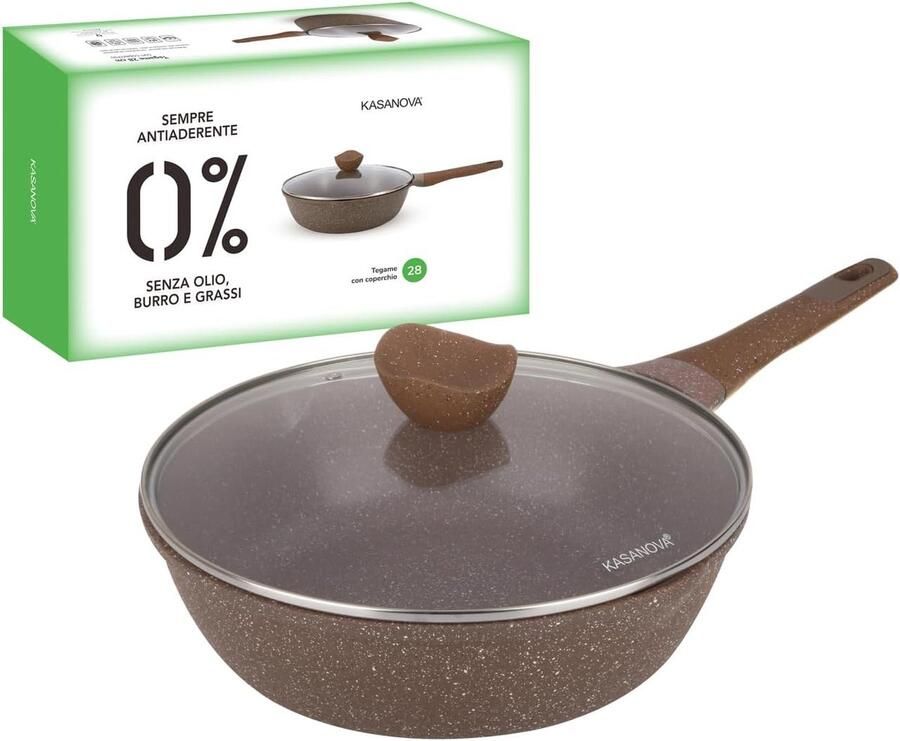 Koekenpan met Deksel Gourmetpan Olievrij Gezond Koken 0% Vet Koken 28 cm Bruin