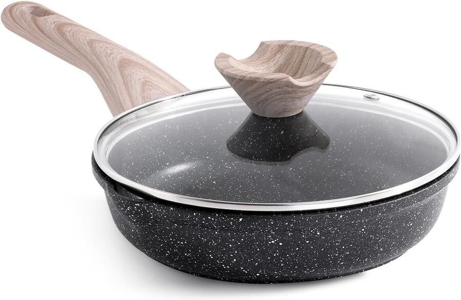 Koekenpan met deksel Graniet pan inductie Gezond koken Dubbele schenktuiten 20 cm Grijs