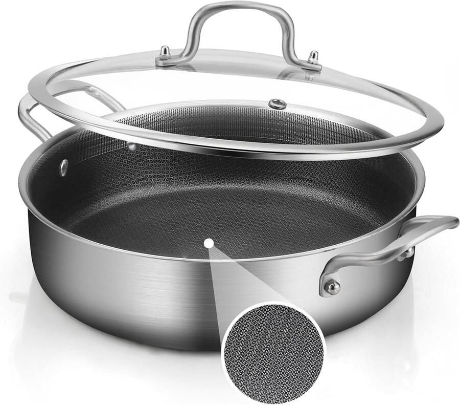 Koekenpan met Deksel Grote Hapjespan Gelijkmatig Koken Tri-Ply Roestvrij Staal 5 Liter Capaciteit Zilver