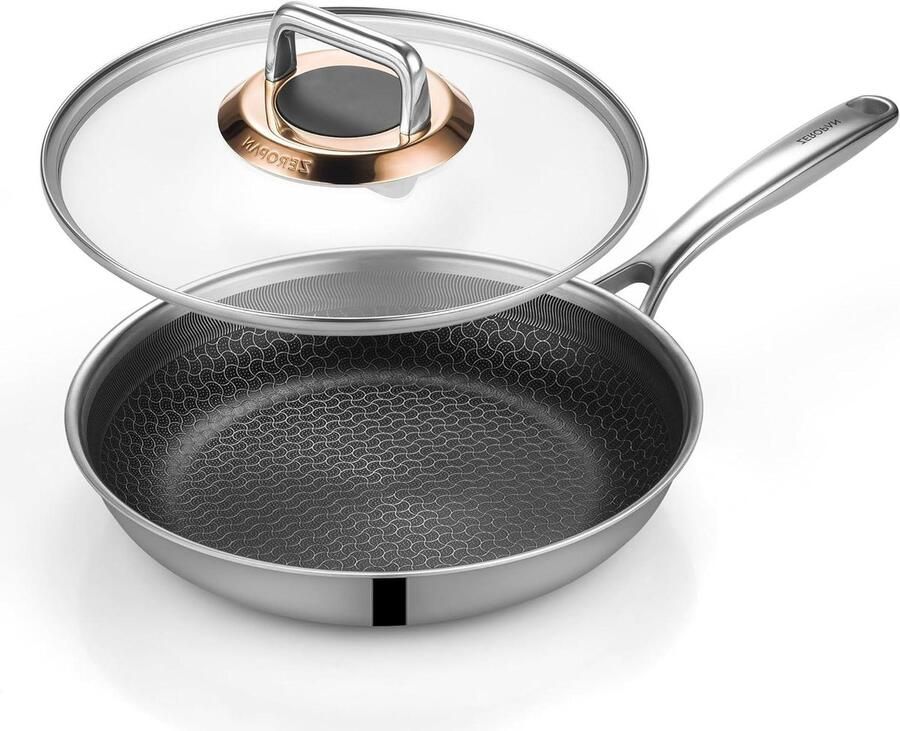 Koekenpan met deksel Hybride pan roestvrij Veelzijdig koken Honingraat anti-aanbak 26 cm Zilver