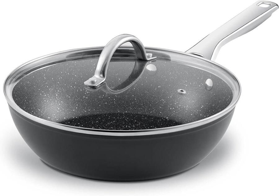 Koekenpan met Deksel Koekenpan Diep Koken en Braden Verstevigd 4mm Gauge 26 cm Zwart