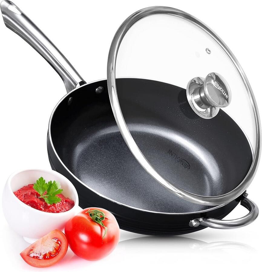 Koekenpan met Deksel Koekenpan Inductie Gezond Koken Keramische Coating 28 cm Zwart