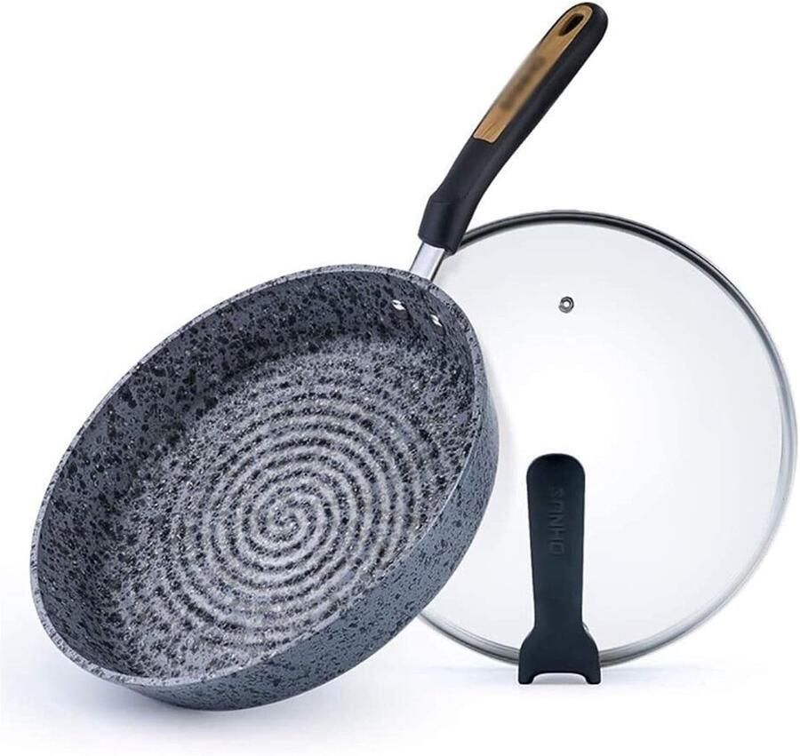 Koekenpan met Deksel Koekenpan Koken en Bakken Drielaags Dikke Bodem 28 cm Zwart