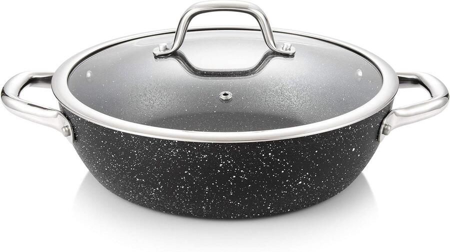 Koekenpan met deksel Koekenpan met glasdeksel Koken van vlees Steencoating antiaanbaklaag 26 cm Zwart