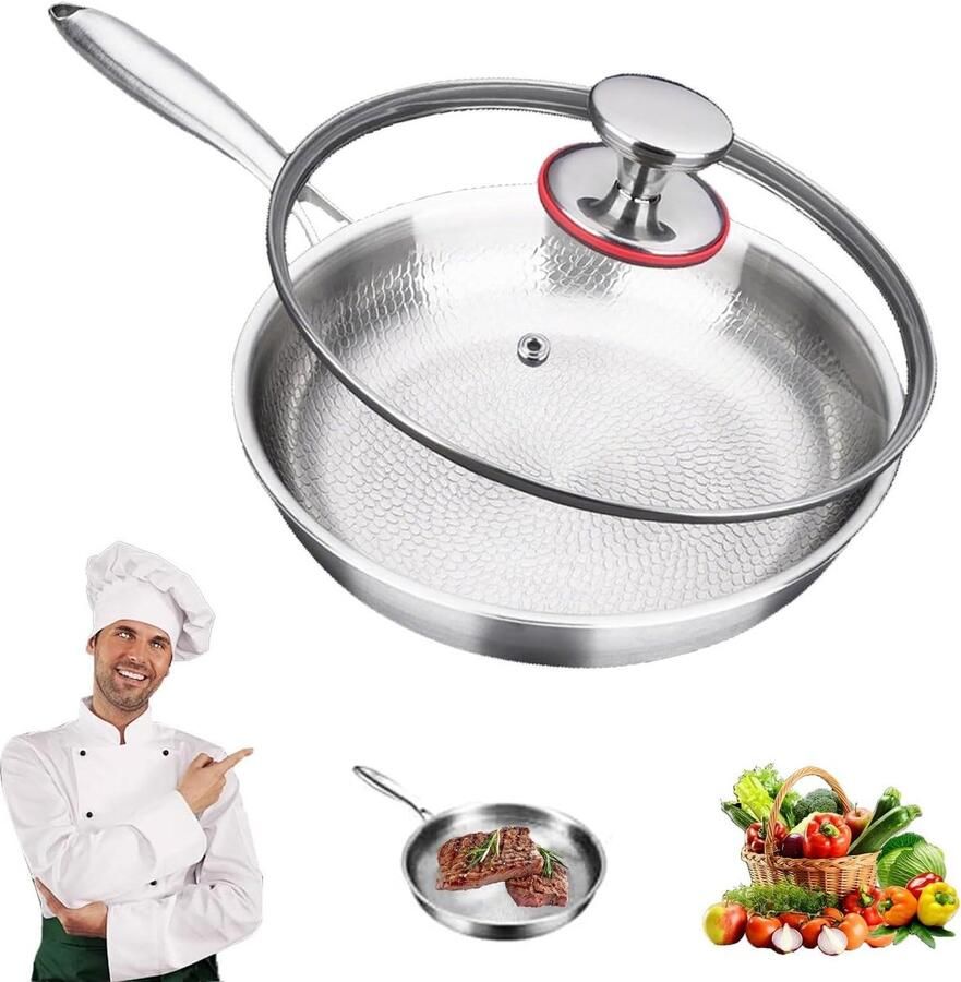 Koekenpan met deksel Koekenpan roestvrij Gezond koken 5-laags constructie 26 cm Zilver