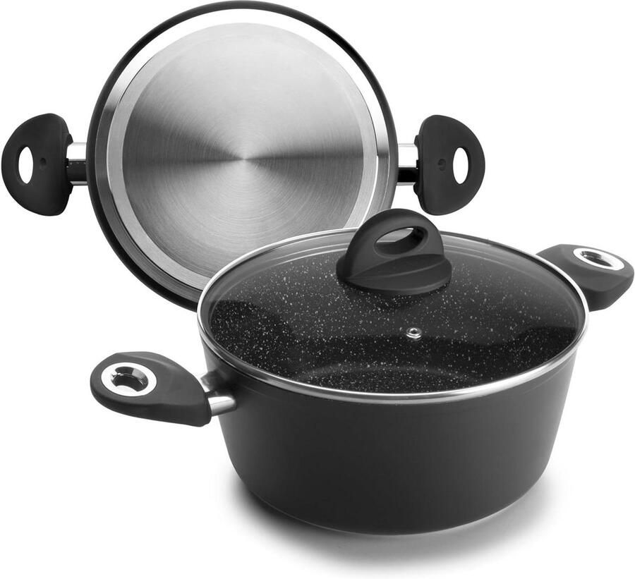 Koekenpan met Deksel Koekenpan Steenmotief Koken op Inductie Dubbele Antiaanbaklaag 24 cm Zwart