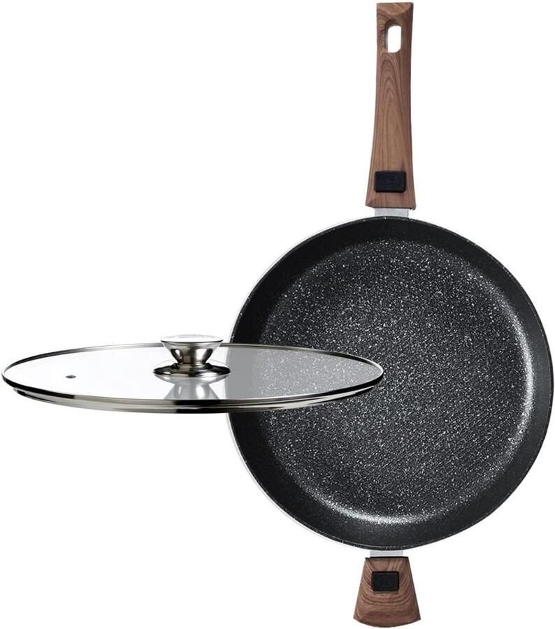 Koekenpan met Deksel Serveerschaal Braadpan Gezond Koken Afneembare Handgreep 32 cm Zwart