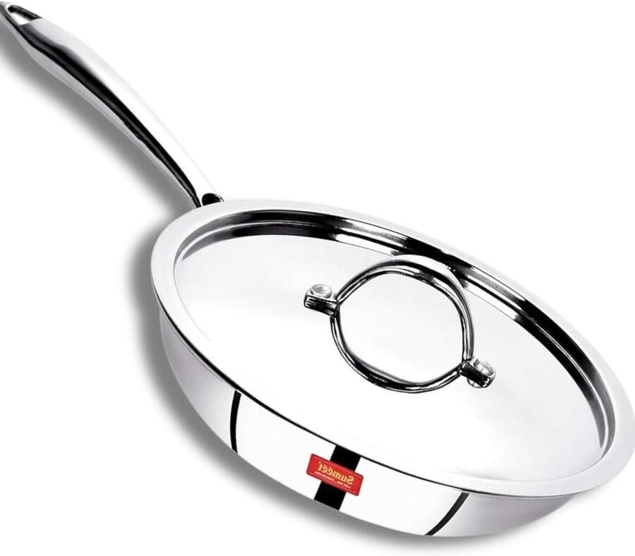 Koekenpan met deksel Steelpan Sauteerpan Lekker Koken Drielaagse Constructie 20 cm 1 liter Zilver