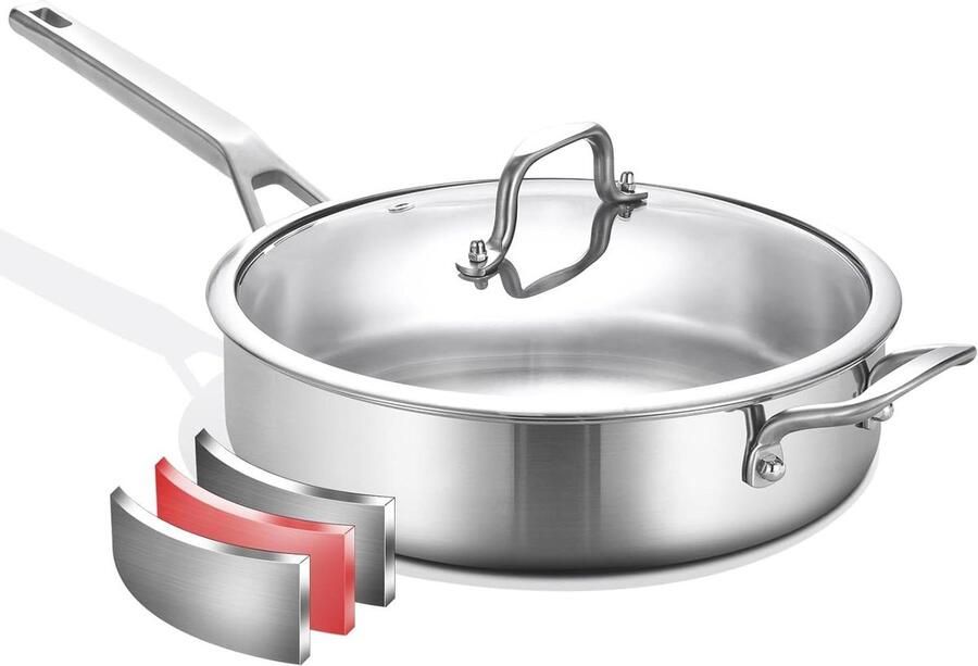 Koekenpan met Deksel Steelpan Sauteerpan Snel Koken Tri-ply Constructie 30cm 6 Liter Zilverkleurig