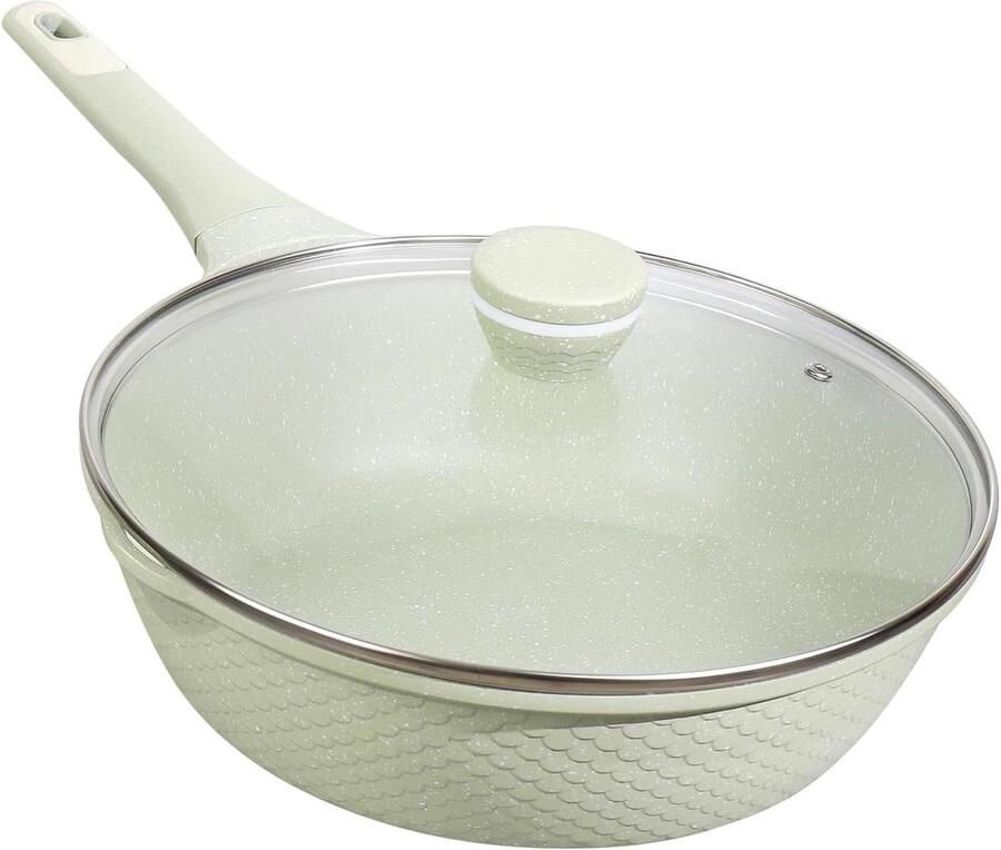 Koekenpan met deksel Wok pan diep Gezond koken Antiaanbak granietlaag 30 cm 6 liter Grijs