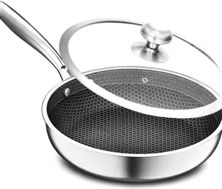 Koekenpan met Deksel Wokpan Roestvrij Staal Thuis Koken Honingraat Non-stick Coating 32CM Zilver