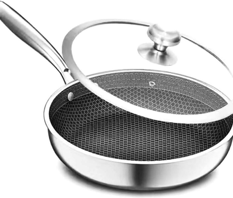 Koekenpan met Deksel Wokpan Roestvrij Staal Thuis Koken Honingraat Non-stick Coating 32CM Zilver