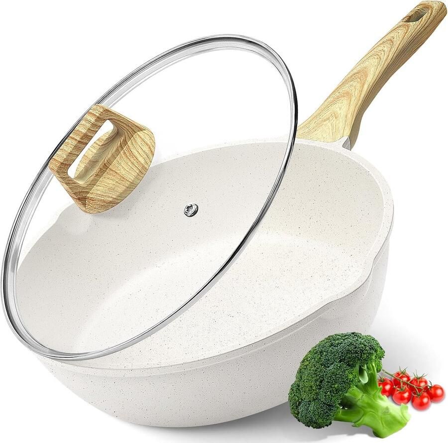 Koekenpan met hoge rand Wokpan diepe pan Allround koken Gezonde antiaanbaklaag 30 cm 5 liter Wit