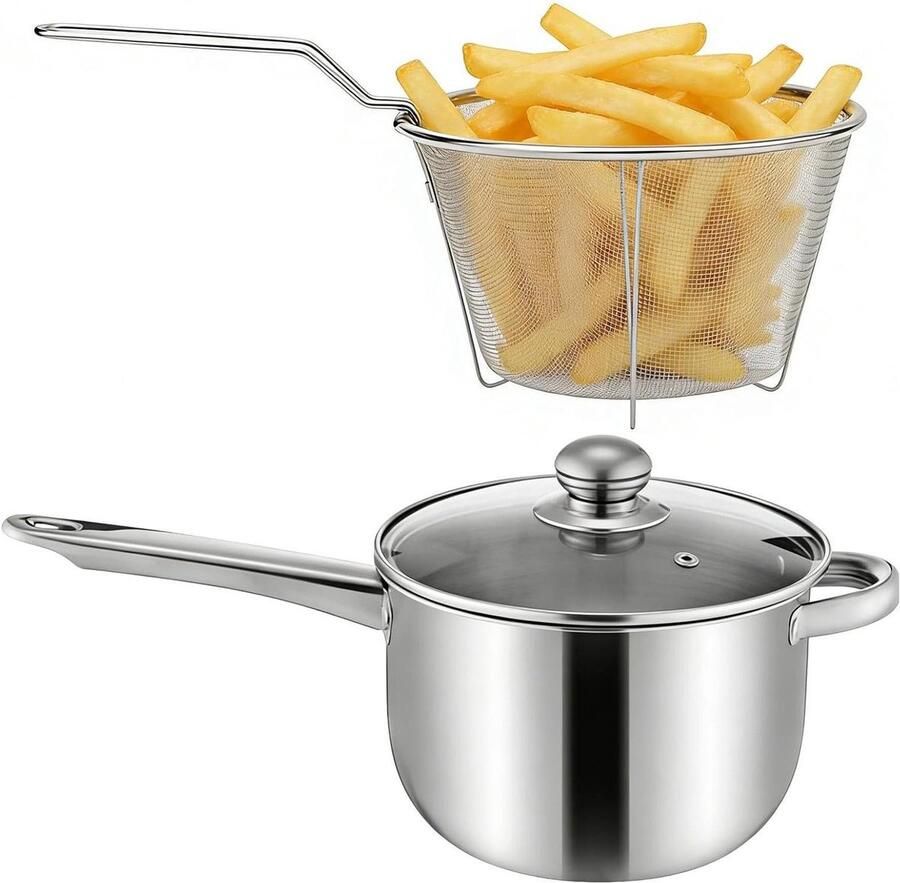 Koekenpan met Mandje Frituurpan Braadpan Frituren en Bakken Geïntegreerde Thermometer 38x13x19.5cm Zilver