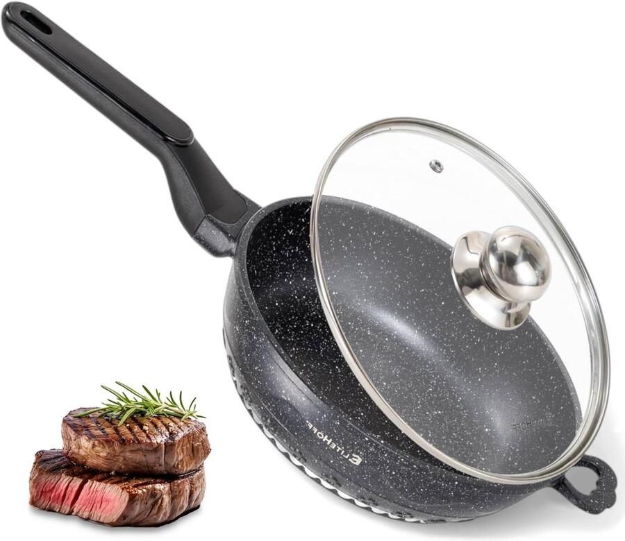 Koekenpan met Marmerlook Koekenpan Antiaanbak Gezond Koken Snelle Warmteverdeling ø 24 cm Zwart