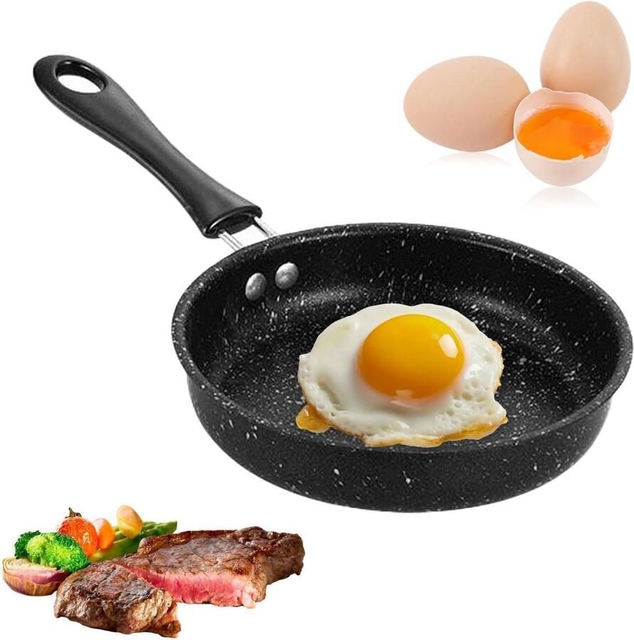 Koekenpan met Steenlaag Mini Pan Koekenpan Ontbijt Bakken Echte Steen Deeltjes 14 cm Zwart
