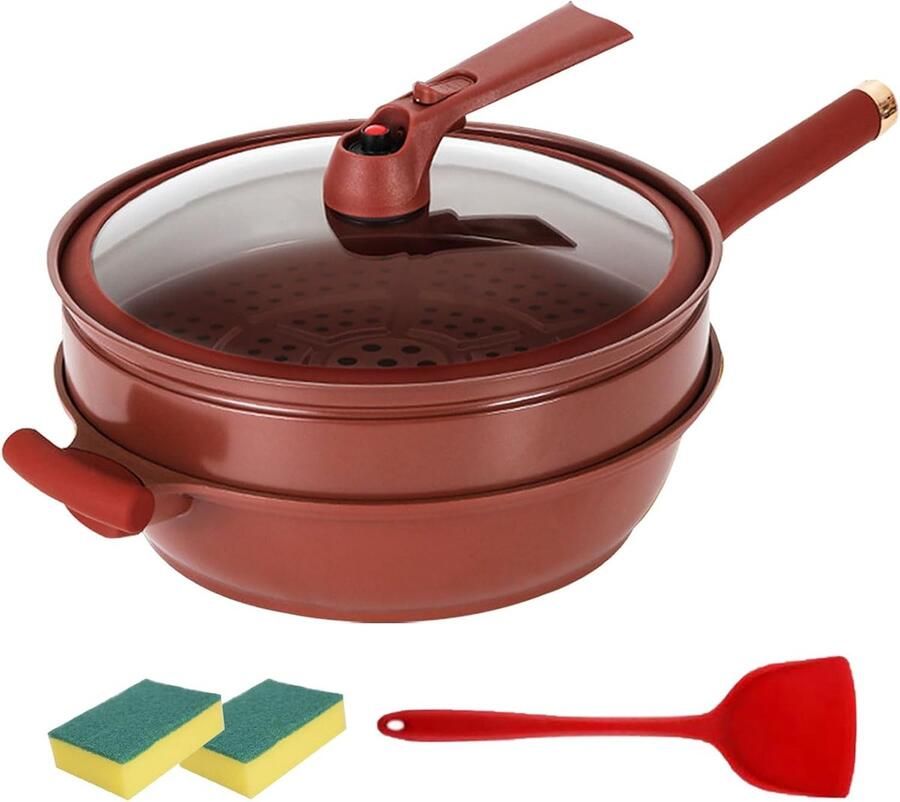 Koekenpan met stoommand Wokpan multifunctioneel Koken en stomen Keramische antiaanbaklaag 32 cm Zwart