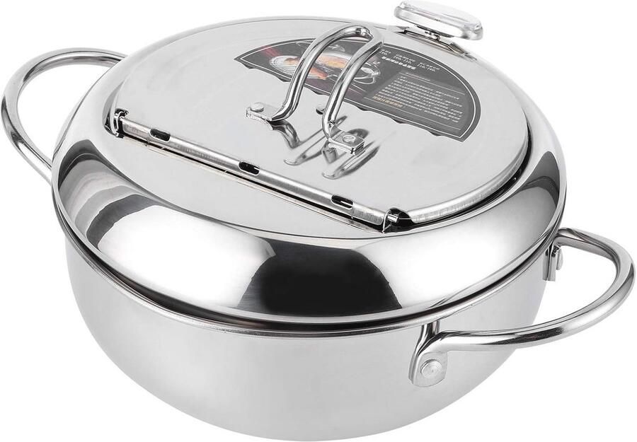 Koekenpan met Thermometer Friteuse Pan Frituren van Voedsel Nauwkeurige Temperatuurregeling 20 cm Zilver - Foto 2