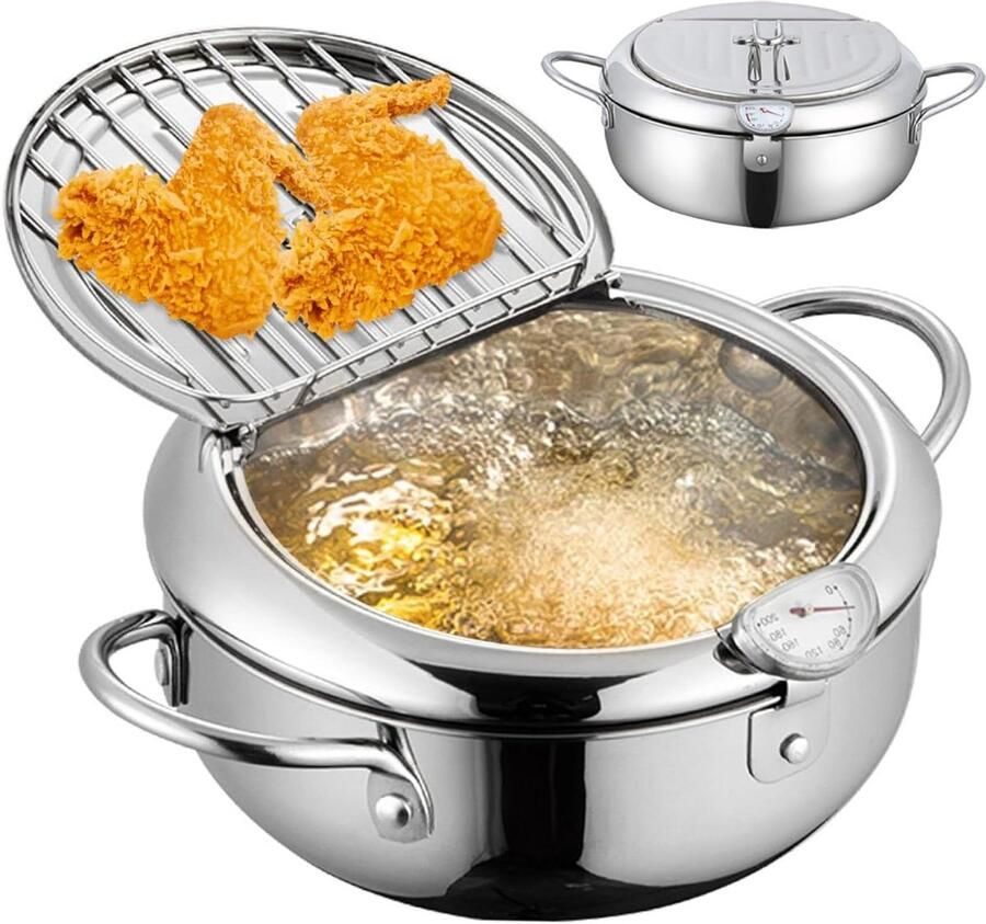 Koekenpan met Thermometer Friteuse Pan Kleine Thuis Frituren Roestvrij Staal 3.2 L Zilverkleurig