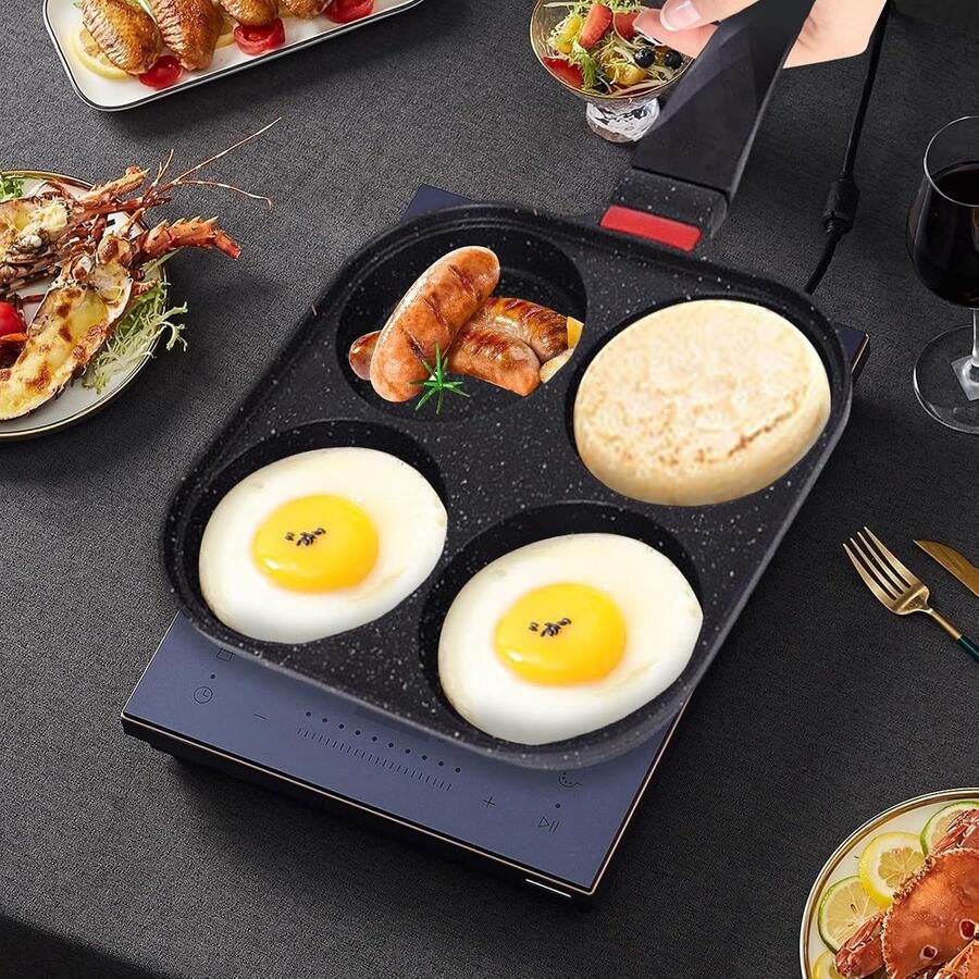 Koekenpan met vier holtes Omeletpan Ontbijt bereiden Snelle en gelijkmatige warmteverdeling 37 cm lengte Zwart