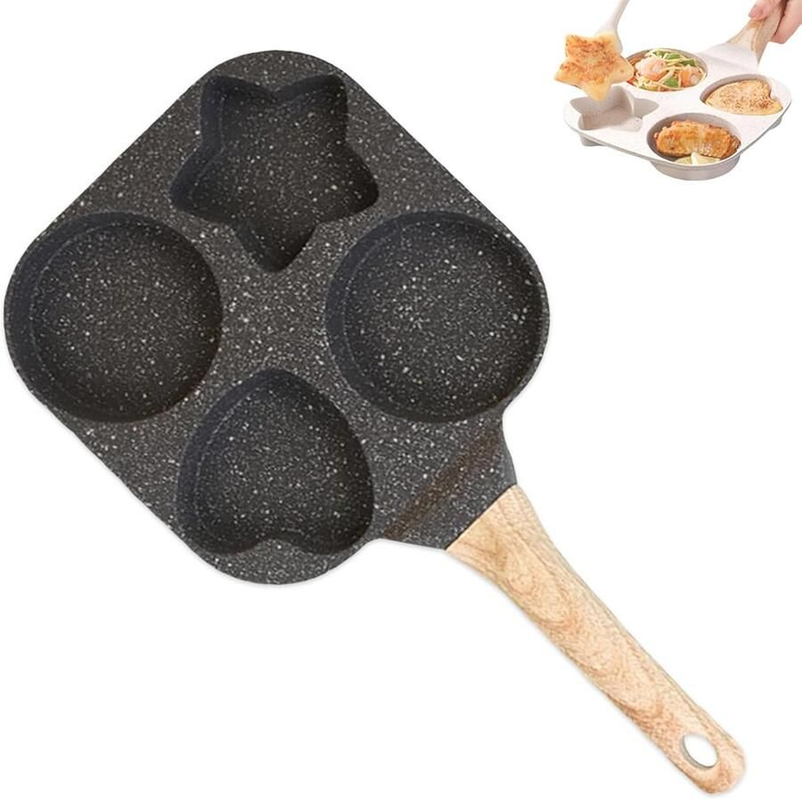 Koekenpan met Vormen Omeletpan Pannenkoek Ontbijt Maken Vier Gaten Ontwerp Afneembaar Handvat Zwart