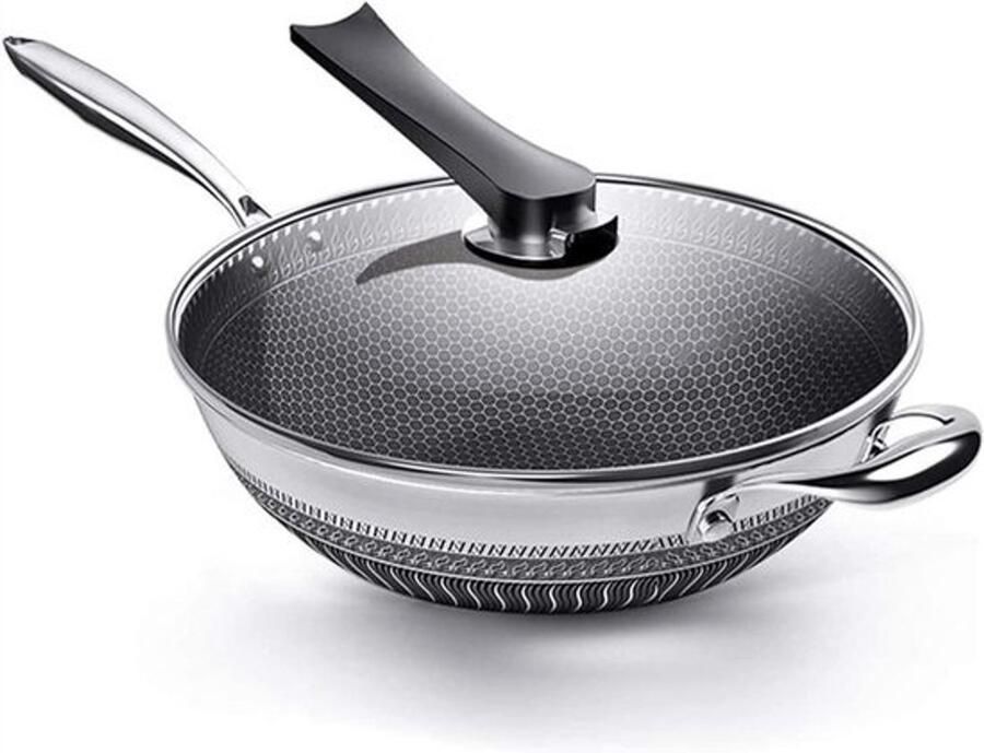 Koekenpan Roestvrij Staal Honingraat Wok Eenvoudig Koken PFOA-Vrij Antiaanbak 32cm Zilverkleurig