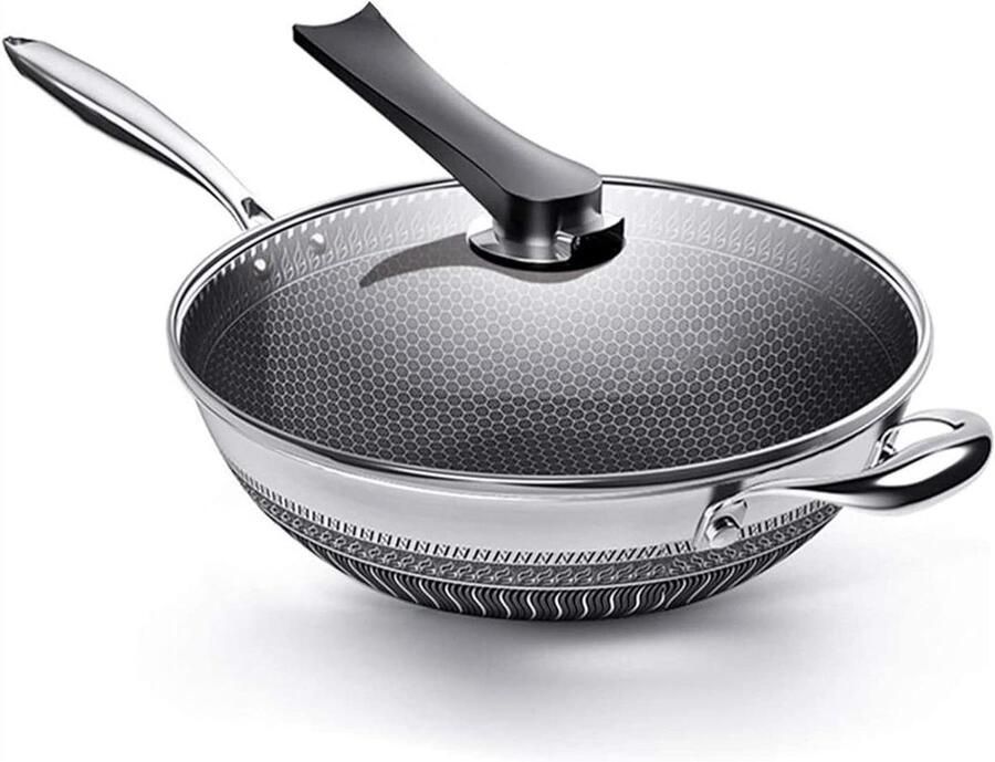 Koekenpan Roestvrij Staal Honingraat Wok Eenvoudig Koken PFOA-Vrij Antiaanbak 32cm Zilverkleurig