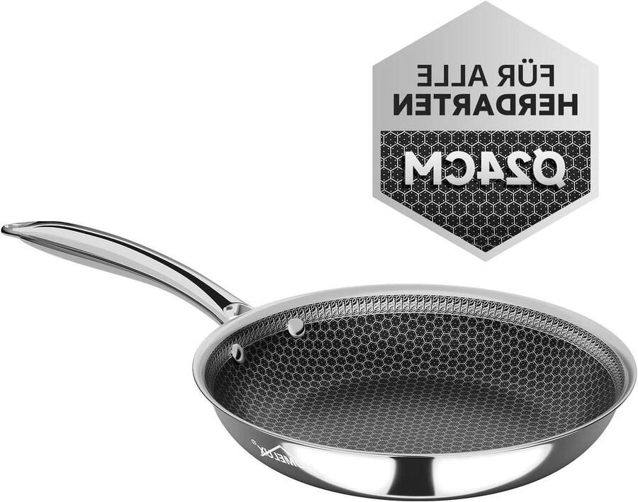 Koekenpan Roestvrij Staal Honingraatpan Gecoate Pan Gezond Koken Krasbestendig Ovenvast 24 cm Zilver