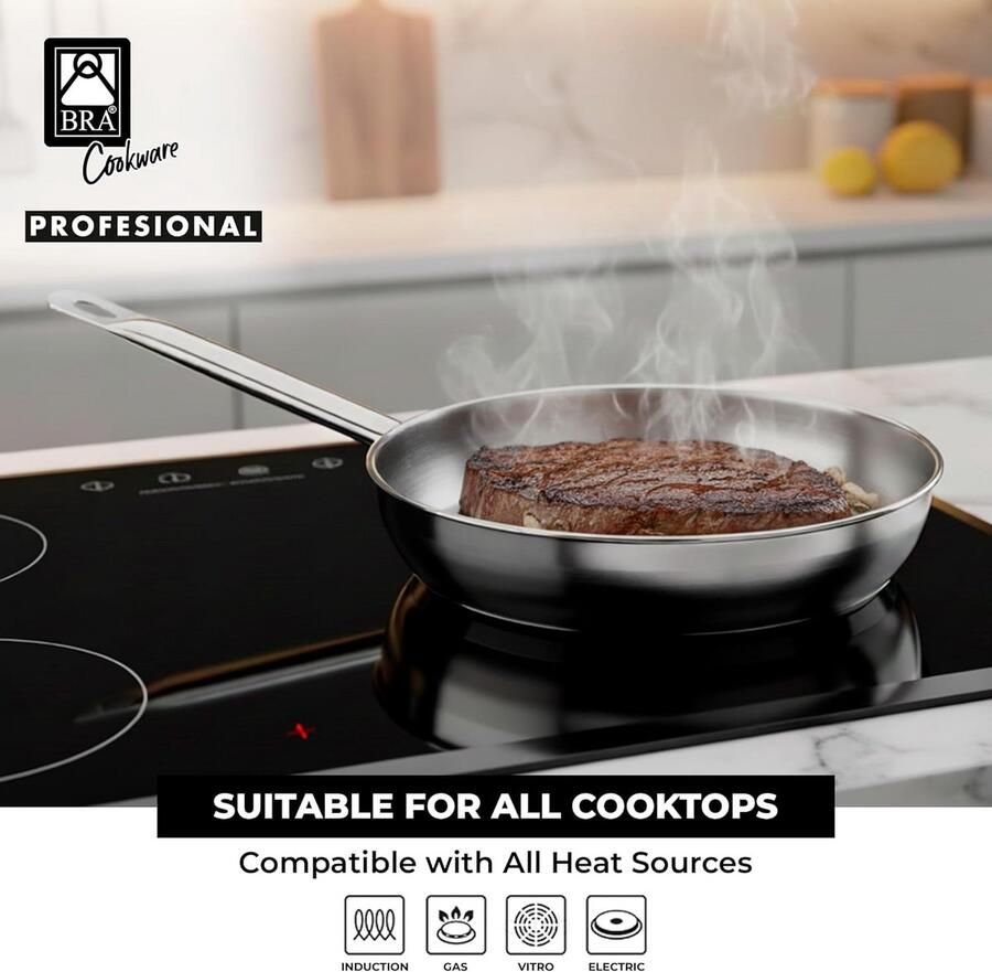 Koekenpan Roestvrij Staal Keukenpan Bakpan Koken en Bakken Drievoudige Diffusorbodem 30 cm Diameter Zilverkleurig