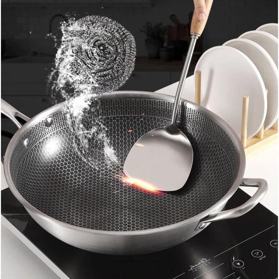 Koekenpan Roestvrij Staal Koekenpan Inductie Gezond Koken Honingraat Krasbestendig 32 cm Zilver