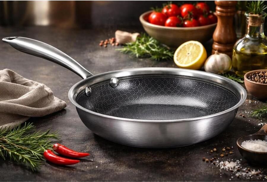 Koekenpan Roestvrij Staal Koekenpan Inductie Vetarm Koken Keramische Antiaanbaklaag 24 cm Zilver