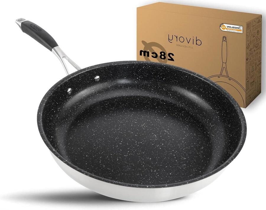 Koekenpan Roestvrij Staal Koekenpan Non-stick Gezond Koken 3-laags PTFE Coating 28 cm Zilver