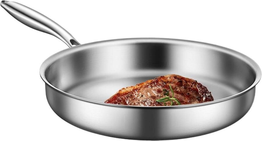 Koekenpan Roestvrij Staal Omeletpan Keukengerei Efficiënt Koken Gelijkmatige Warmteverdeling 22 cm Zilver