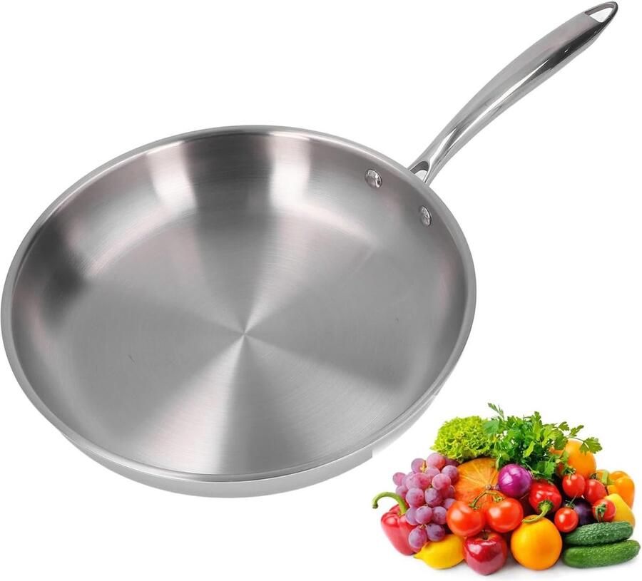 Koekenpan Roestvrijstaal Koekenpan Dik Koken en Bakken Drielaags Bodem 30 cm Zilver