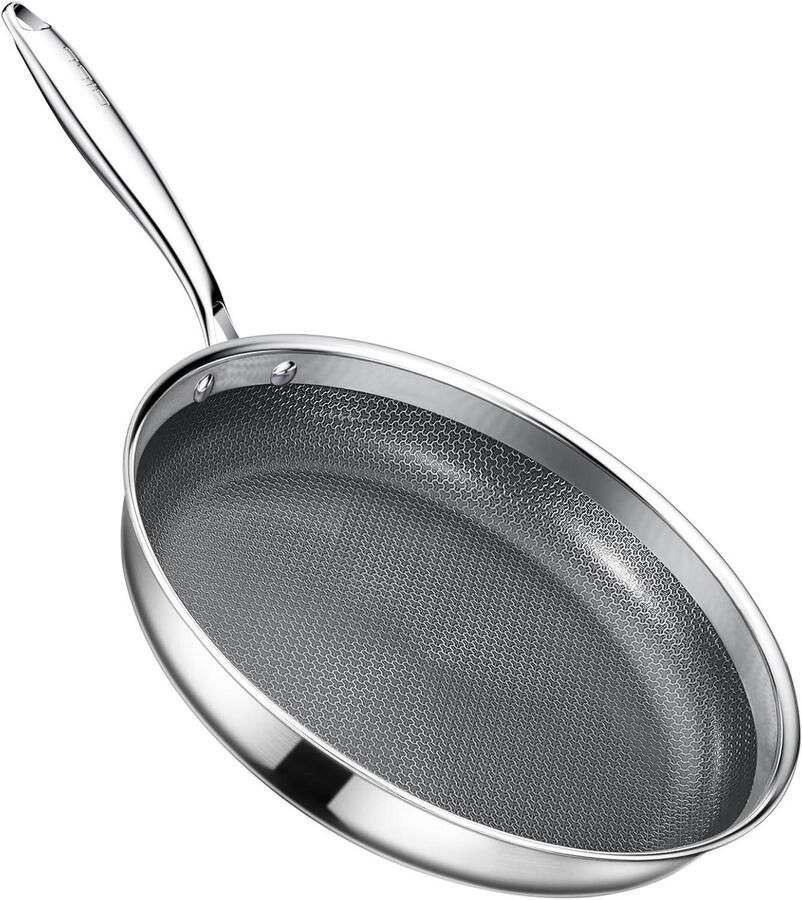 Koekenpan RVS Koekenpan met Deksel Gezond Koken Honingraat Anti-aanbaklaag 26 cm Zilver