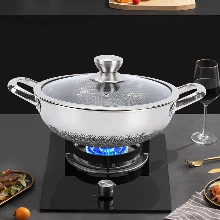Koekenpan RVS Koekenpan Nonstick Gezond Koken Dubbelzijdige Honingraat 26 cm Zilver