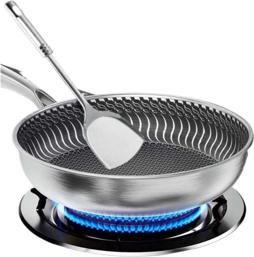 Koekenpan RVS Platte bodem pan Inductie koken Huishoudelijk gebruik 28cm diameter Zilverkleurig
