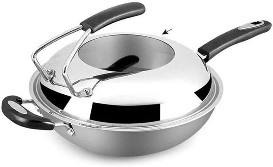 Koekenpan RVS Wokpan Pannenset Koken Bakken Volle Honingraat Bodem 32 CM Zilver