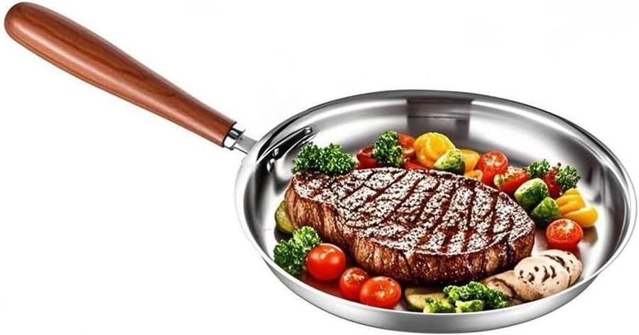 Koekenpan Sizzling pan Vlees dichtschroeien Houtgreep roestvrij staal 21.5 cm Zilverkleurig