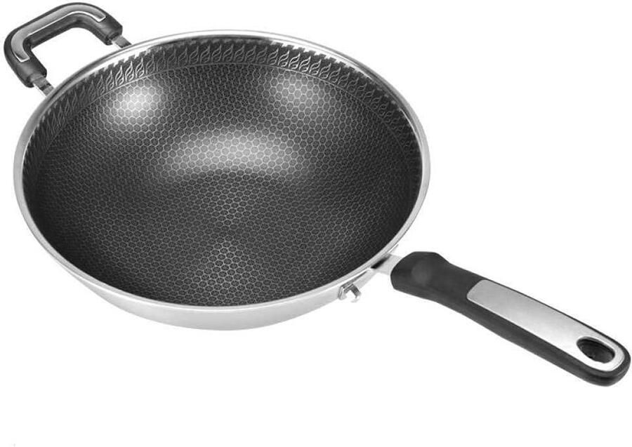 Koekenpan Steelpan Braadpan Wokpan Gezond Koken Gelijkmatige Warmteverdeling 34 Cm Zwart