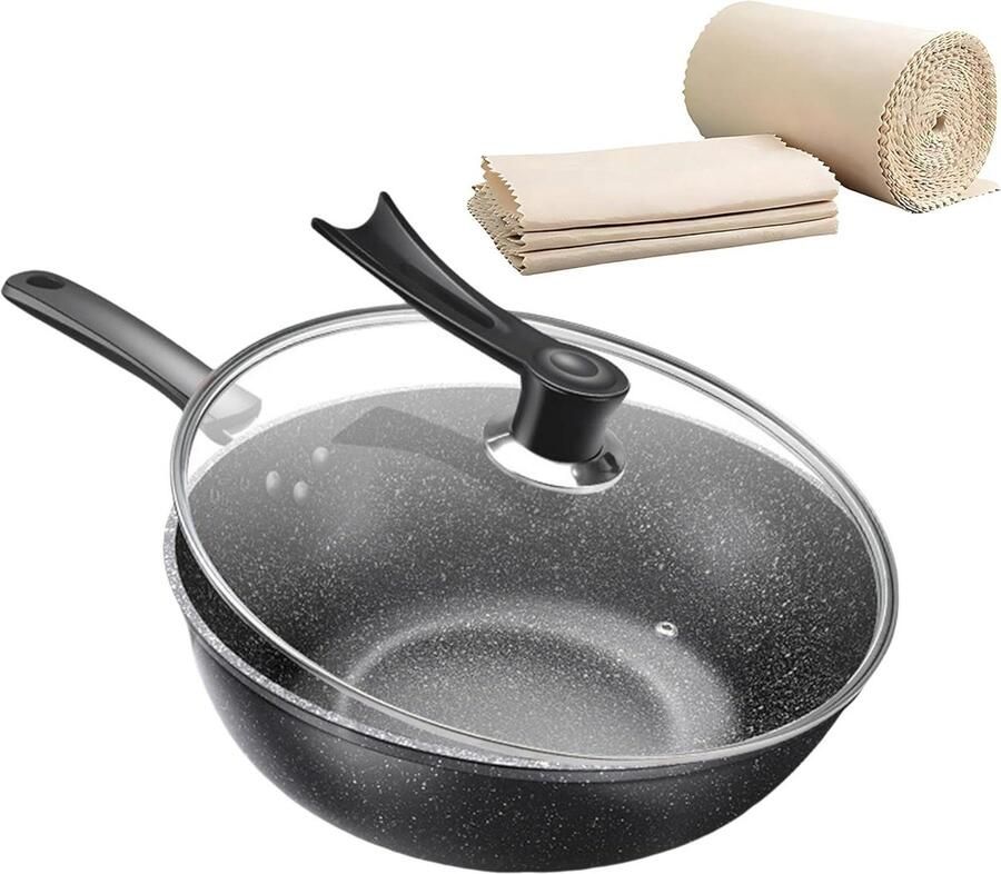 Koekenpan Wok Antiaanbak Pan Gezond Koken Inductie Geschikt 28 cm Zwart