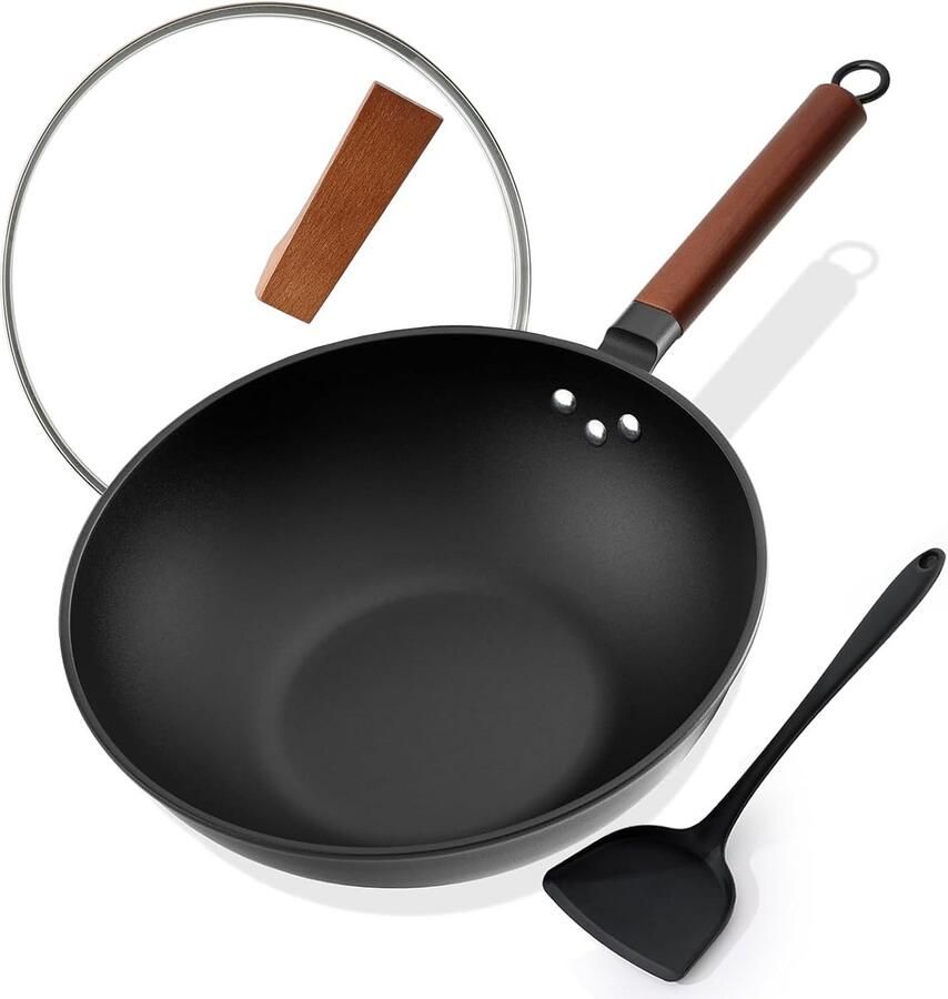 Koekenpan Wok Roerbakpan met deksel Snel en gezond koken Natuurlijke anti-aanbaklaag 33 cm 5.6 Liter Zwart