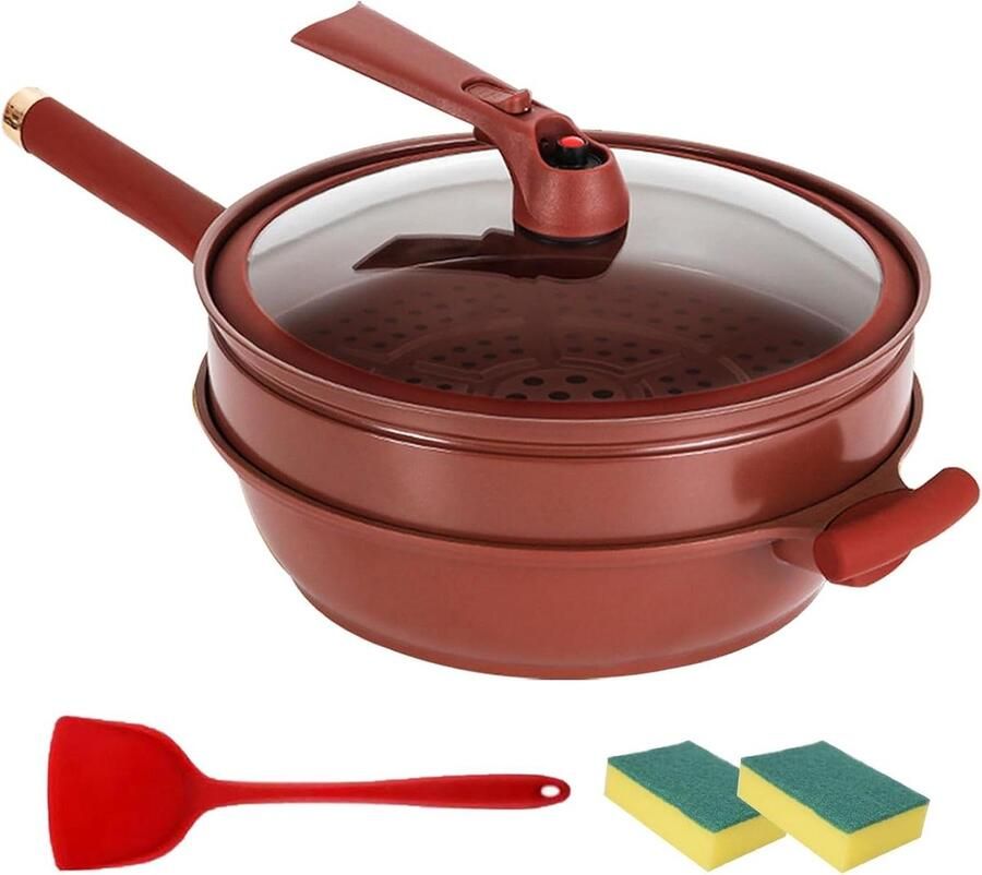 Wokpan met Stoommand Koekenpan Multifunctioneel Koken en Stomen Nieuwe Generatie Anti-aanbak 32 cm Zwart