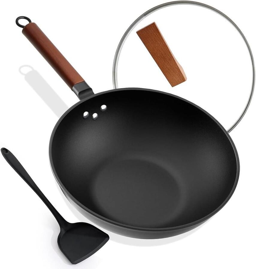 Koekenpan Wokpan met deksel Lekker Koken Natuurlijke anti-aanbaklaag 33 cm Zwart
