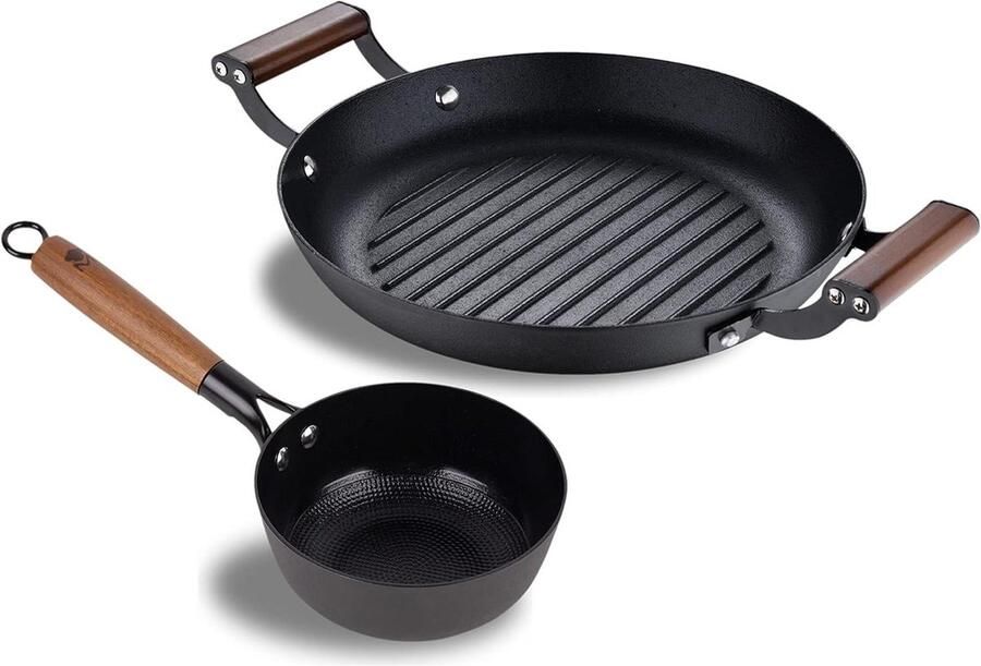 Koekenpannen Set Grillplaat Pan Koken Braden Grillen Antiaanbak Keramische Coating 16 en 28 cm Zwart