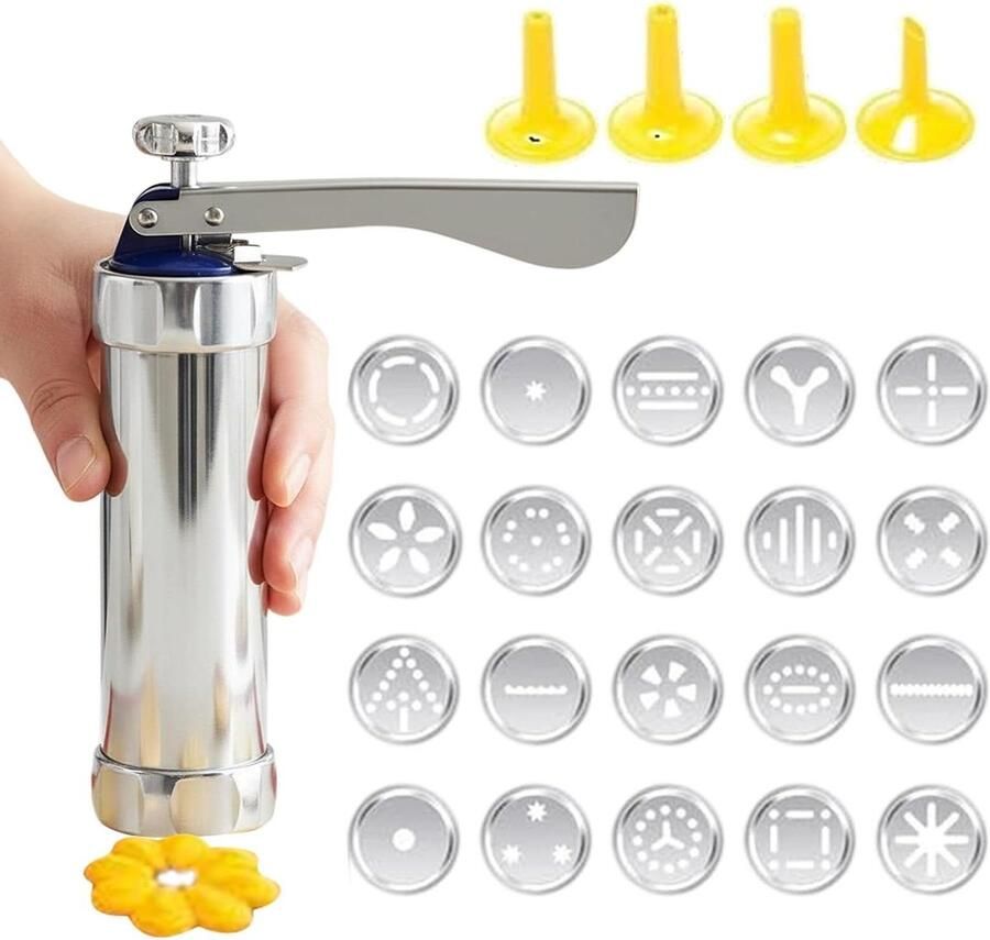 Koekjespers Machine Koekjesmaker Set Zelf Gebak Maken 20 Verschillende Vormen 22 x 15.5 cm Zilver