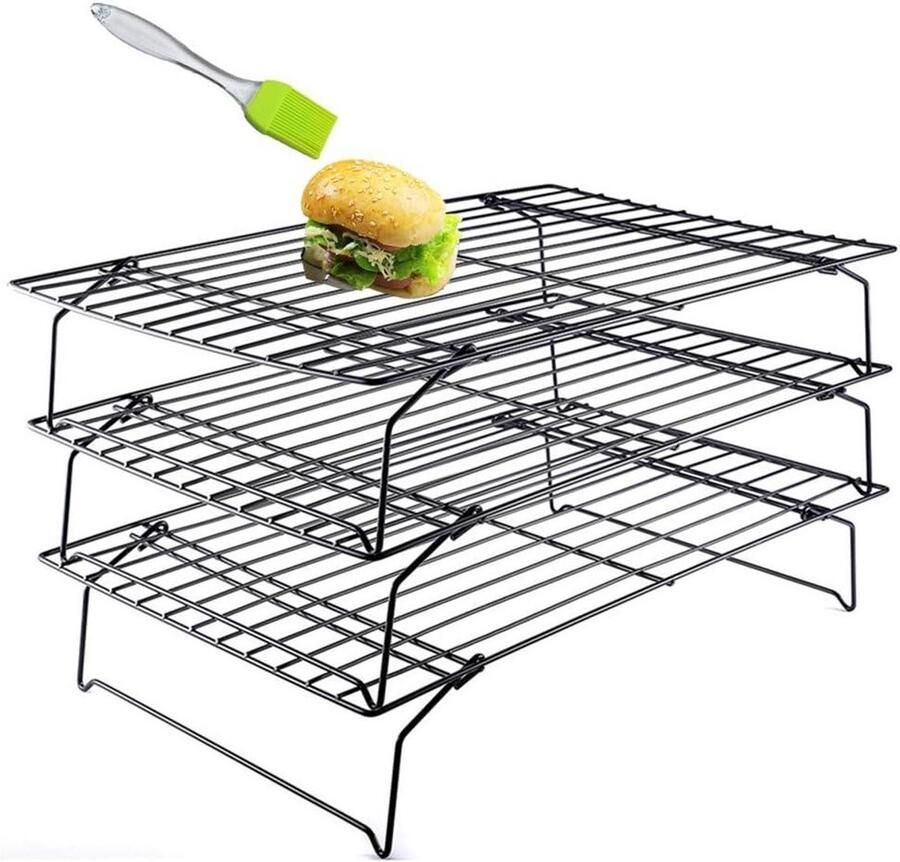 Koelrek 3-laags Stapelbare bakplaten Bakken en afkoelen Inklapbare poten 25 x 40 cm Zilver
