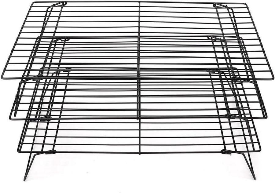 Koelrek Drie Lagen Bakrooster Bakplaat Brood Taart Koelen Opvouwbaar Antiaanbak 40 x 25 cm Zwart