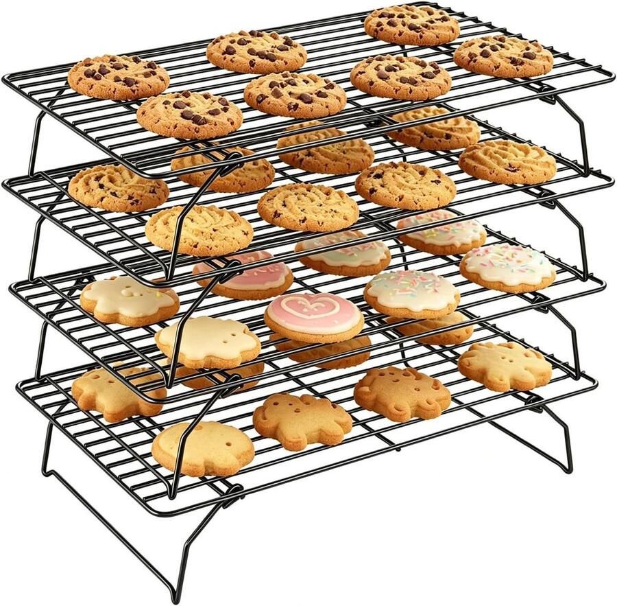Koelrek met 4 etages Stapelbaar rooster Bakken en grillen Antiaanbaklaag 40 x 25 cm Zwart - Foto 1